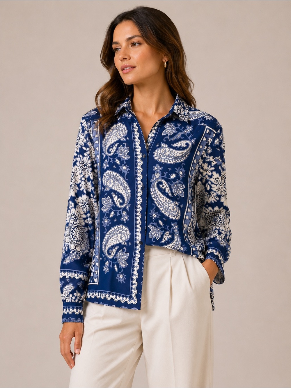 RACHEL ZOE Drop Shoulder‎ Printed Satin Button Up Shirt